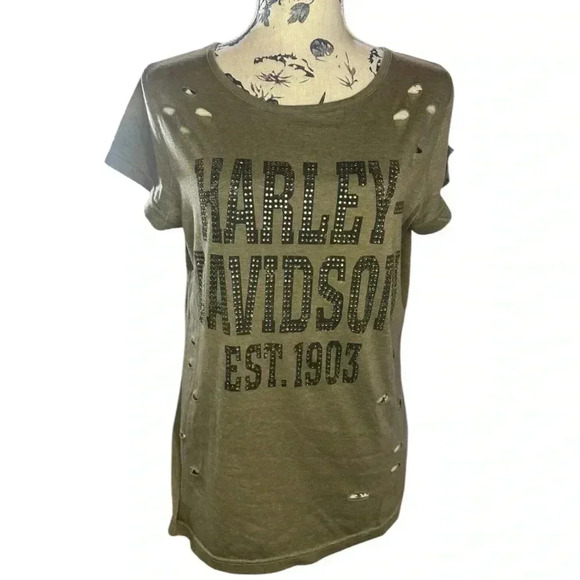 Harley-Davidson Tops - Harley-Davidson Distressed Olive Green Graphic T-Shirt, Size L